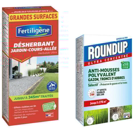 Pack désherbage - Désherbant concentré FERTILIGÈNE - 800ml - Anti-mousses ROUNDUP - Gazon et troncs d'arbres - 500ml