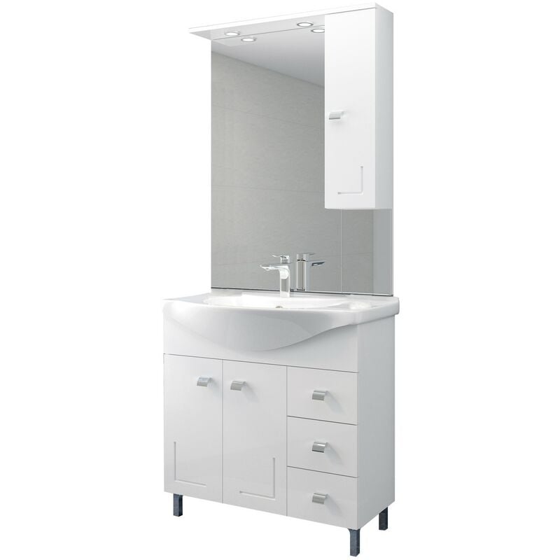 MOBILE BAGNO A TERRA CM85 CON ANTE E CASSETTI QUERCIA BIANCO