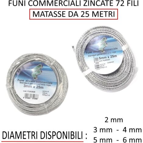 1PZ FUNE METALLICA ACCIAIO ZINCATO ROTOLINI mm2 rotoli mt25, 49 fili