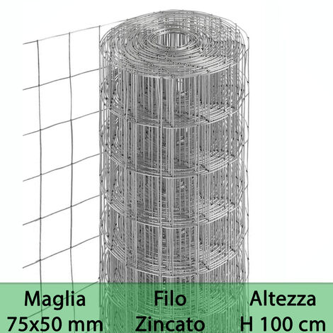 1RT RETE PER RECINZIONE ZINCATA ALTEZZA H 100 CM MAGLIA ELETTROSALDATA 75X50 MM FILO Ø 1,7 MM LUGHEZZA ROTOLO DA 25 MT PER RECINZIONE GRIGIO (1/2)