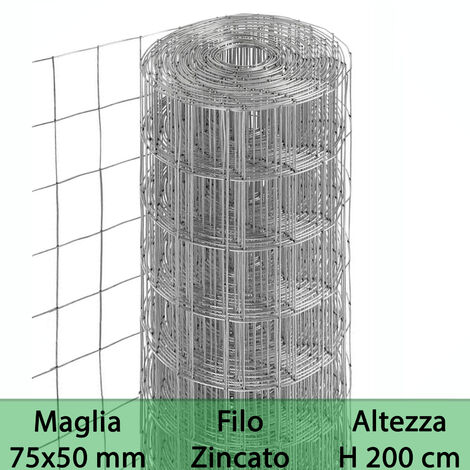 1RT RETE PER RECINZIONE ZINCATA  ALTEZZA H 200 CM  MAGLIA ELETTROSALDATA 75X50 MM  FILO Ø 1,7 MM  LUGHEZZA ROTOLO DA 25 MT PER RECINZIONE GRIGIO