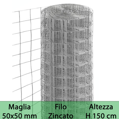 2RT RETE PER RECINZIONE ZINCATA ALTEZZA H 150 CM MAGLIA ELETTROSALDATA 50X50 MM FILO Ø 1,8 MM LUGHEZZA ROTOLO DA 25 MT PER RECINZIONE GRIGIO (1/2)