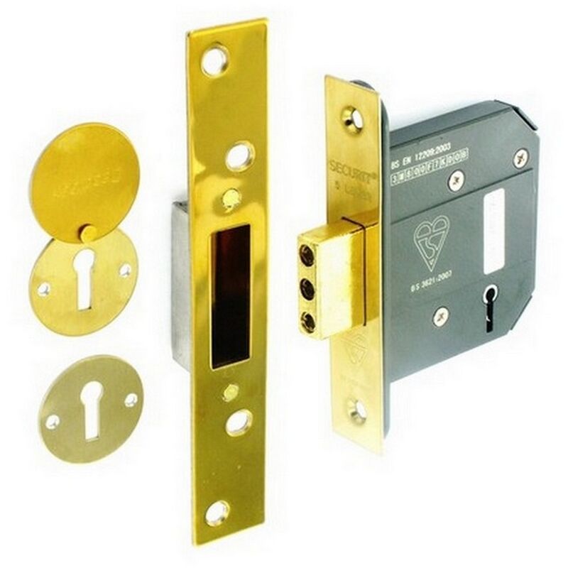 Securit S1795 5 Lever British Standard Dead Lock 76mm With 2 Keys Brass Plated Bs3621 4224