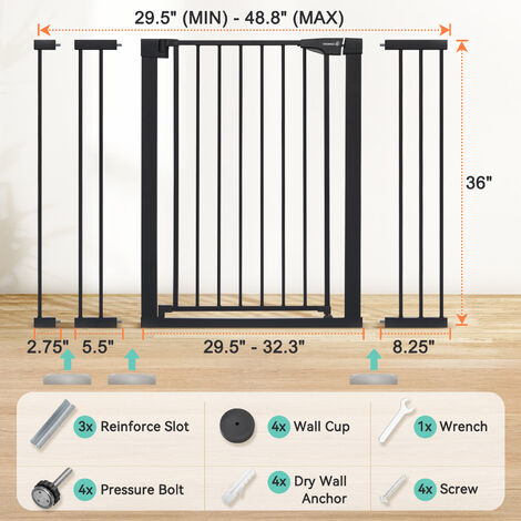 Barrière de Sécurité extensible Barrière d'escalier Fermeture facile pour bébé chien H.91 cm L.75-124 cm noir SwagX