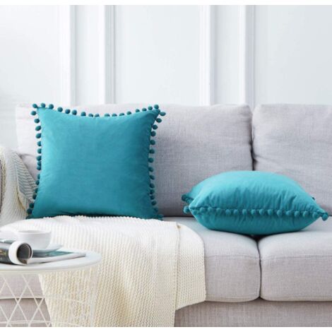 2 pieces of velvet cushion cover decorative pillowcase Super soft color solid color ball pillow house house living room bedroom sofa pillowcase (peacock blue) (45 * 45 cm)