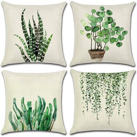 Outdoor Cushion Cover, 4 Piece Green Leaves Pattern Waterproof Pillowcase Set, Suitable for Backyard Garden Living Room Bedroom Decoration, 44x44cm
