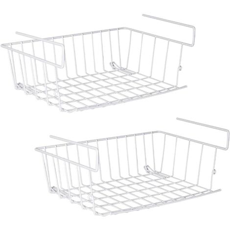 Under Shelf Storage Basket, Under Cabinet Hanging Metal Wire Storage Wire Basket Organizer Fit Dual Hooks for Kitchen Pantry Desk Bookshelf Cupboard (2pcs, White)