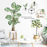Tropical Plants Green Leaves Wall Stickers, Palm Trees Wall Decals, Lemon Cat Wall Decor for Bedroom Living Room Classroom Office Home Decor
