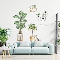 Tropical Plants Green Leaves Wall Stickers, Palm Trees Wall Decals, Lemon Cat Wall Decor for Bedroom Living Room Classroom Office Home Decor