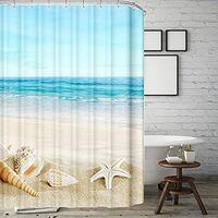 Mildew Proof Beach Shower Curtain, Shower Curtain Waterproof Fabric Sea Wave Beach Starfish Conch Shower Curtain 150 x 180cm with 12 Plastic Hooks Rings