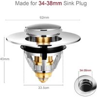 Universal Pop-Up Sink Drain, Anti-Clog Drain Filter, Stainless Steel and Pure Copper Bathtub Drain and Valve, Anti-Odor Hair Filter for 1.33” to 1.49” Holes