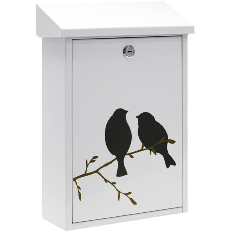 ARREGUI Premium E5601-BIR Cassetta Postale Individuale in Acciaio con Serigrafia Decorativa "Birds", Cassetta della Posta da Parete, Dimensione M (DIN A4 e Riviste), Facile da Montare, Bianco