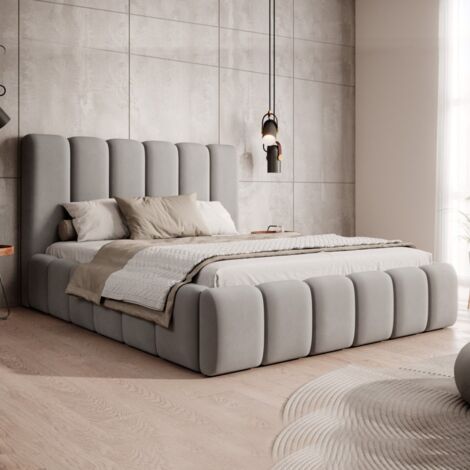 MEUBLER DESIGN Lit En Velours Avec Tête De Lit Matelassée Et Coffre De Rangement Buble - Velours Gris Clair - 160x200, Style , x x cm (1/5)