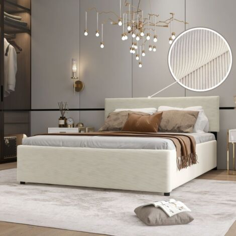 Lit coffre velours côtelé beige 160x200 – Tête de lit réglable – Coffre de rangement intégré – Matériau premium facile à nettoyer – Meubler Design (1/5)