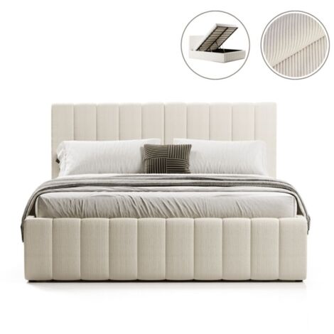 Lit coffre 160x200 cm – Tissu velours côtelé beige – Sommier inclus – Coffre de rangement spacieux – Hauteur 34.5 cm – Meubler Design (1/5)