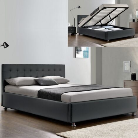 MEUBLER DESIGN Lit Complet Sommier Relevable + Tête De Lit + Cadre De Lit Capitole - Gris - 180x200, Polyuréthane, Style Contemporain, 213 x 191 x 90.5 cm (1/2)
