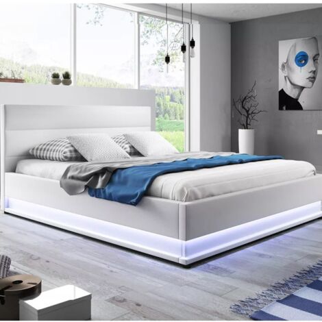 MEUBLER DESIGN Lit Led Avec Coffre De Rangement Ava - Blanc - 140x190, Polyuréthane, Style Contemporain, 204 x 154 x 90 cm (1/6)