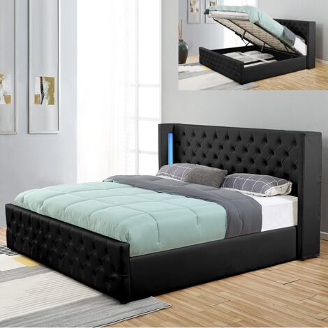 MEUBLER DESIGN Lit Coffre Design Avec Led Osmos - Noir - 180x200, Polyuréthane, Style Contemporain, 219 x 204 x 113 cm