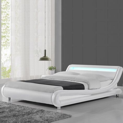 MEUBLER DESIGN Lit Led Design Julio - Blanc - 140x190, Structure En Bois - Simili Cuir Revêtu En Polyuréthane, Style Contemporain, 206.5 x 155 x 62 cm (1/5)