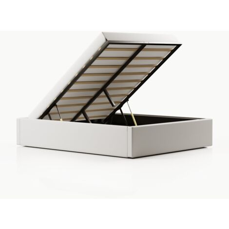 Lit coffre 180x200 cm – Mécanisme relevable – Structure bois et métal – Accès facile au rangement – Simili-cuir blanc – Dimensions 213x195x34.5 cm – Meubler Design (1/5)