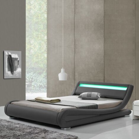 MEUBLER DESIGN Lit Design Led Julia - Gris - 160x200, Structure En Bois - Simili Cuir Revêtu En Polyuréthane, Style Contemporain, 224 x 184 x 72 cm (1/5)