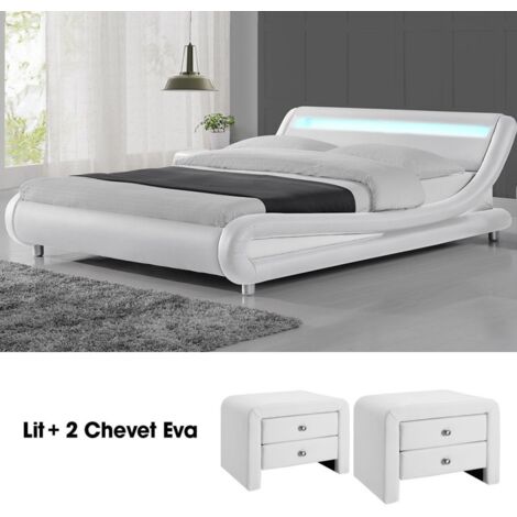 MEUBLER DESIGN Lit Design Julio140 Avec 2 Tables Chevet Eva En Blanc, Polyuréthane, Style Contemporain, 206.5 x 155 x 62 cm (1/5)