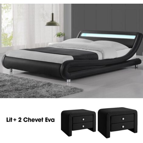 MEUBLER DESIGN Lit Design Julio 140 Avec 2 Tables Chevet Eva En Noir, Polyuréthane, Style Contemporain, 206.5 x 155 x 62 cm (1/5)