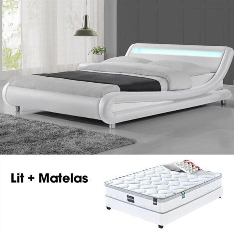 MEUBLER DESIGN Lit + Matelas Julio Blanc 140cm Avec Matelas Romance, Polyuréthane, Style Contemporain, 206.5 x 155 x 62 cm (1/5)