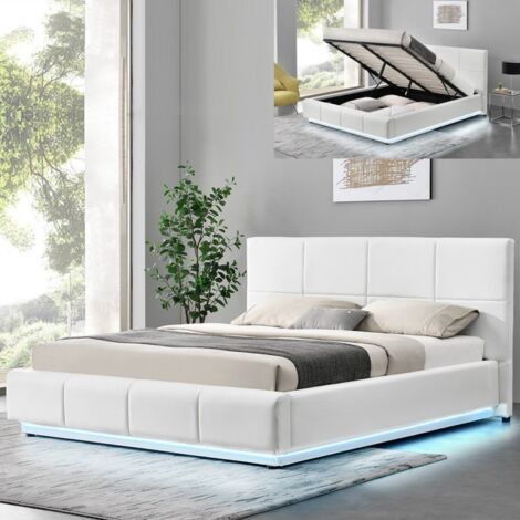 MEUBLER DESIGN Lit Design Alexi Avec Sommier Et Coffre De Rangement - Blanc - 140x190, Polyuréthane, Style Contemporain, 214 x 160 x 105 cm (1/4)