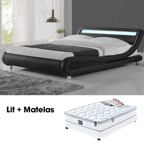 MEUBLER DESIGN Lit Led Design Julio Noir 140cm Avec Matelas Romance, Polyuréthane, Style Contemporain, 206.5 x 155 x 62 cm (1/5)