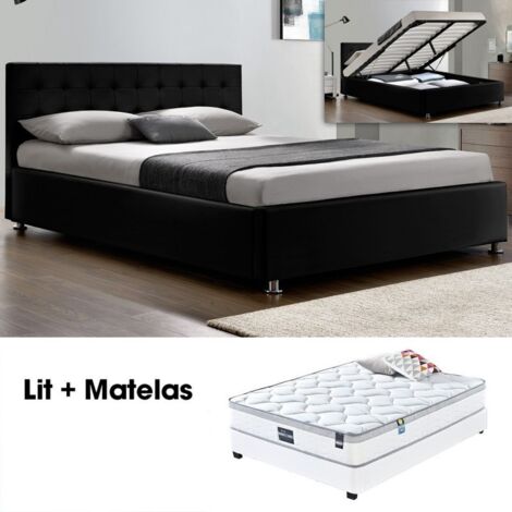 MEUBLER DESIGN Lit Complet Capitole + Matelas Romance 140 Noir, Polyuréthane, Style Contemporain, 203 x 151 x 90.5 cm (1/3)
