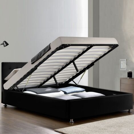 MEUBLER DESIGN Lit Complet Sommier Relevable + Tête De Lit + Cadre De Lit Capitole - Noir - 140x190, Polyuréthane, Style Contemporain, 203 x 151 x 90.5 cm (1/3)