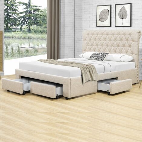 MEUBLER DESIGN Lit Design Avec Tiroirs Hyde - Beige - 180x200, Tissu, Style Contemporain, 226.5 x 196 x 104 cm (1/5)