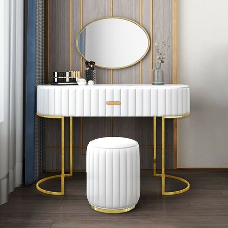 Coiffeuse à tiroir en faux marbre – Dimensions 120 x 42.5 x 75 cm – Métal et polyuréthane blanc – Style art déco élégant – Meubler Design