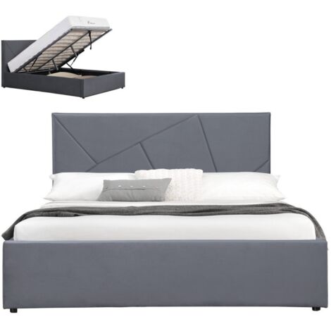 MEUBLER DESIGN Lit Coffre Velours Damard - Velours Gris - 160x200, Style Contemporain, 220 x 172 x 98.5 cm (1/5)