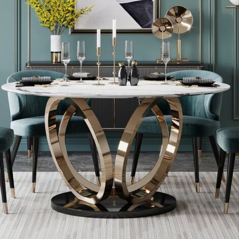 Table à manger ronde céramique effet marbre blanc – Pied en métal finition or – Dimensions 150 x 150 x 77 cm – Style art déco – Meubler Design (1/5)