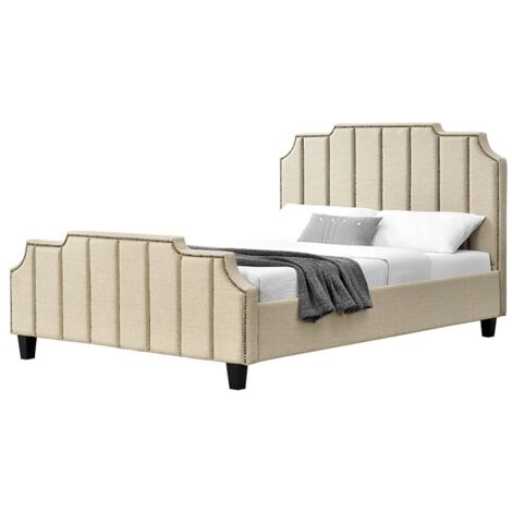 MEUBLER DESIGN Lit Double En Tissu Design Tête Lit + Sommier Manchester - Beige - 160x200, Tissu, Style Art déco, 213 x 166 x 110 cm (1/5)