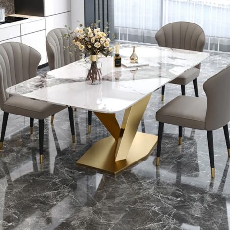 Table à manger rectangulaire en céramique effet marbre blanc – Pieds en métal doré – Dimensions 180 x 90 x 77 cm – Style art déco – Meubler Design (1/5)