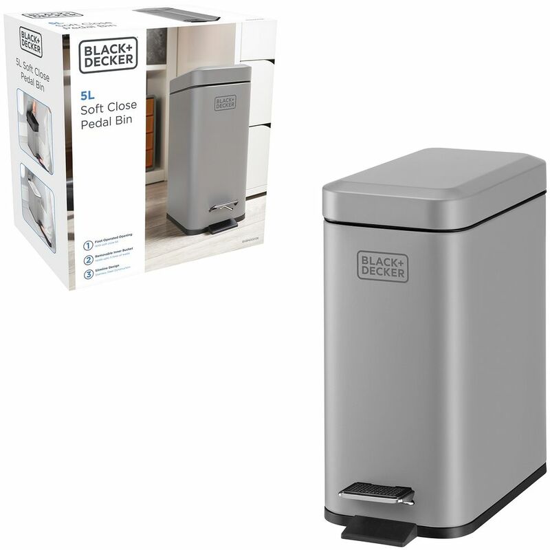 20L Grey Slimline Pedal Bin with Soft Close Lid, by BLACK + DECKER