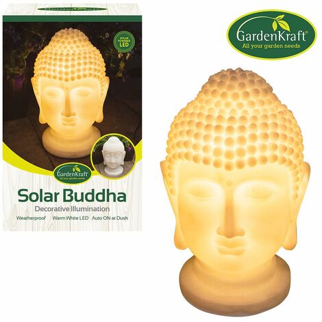 GardenKraft 16440 Solar Powered Buddha Head LED Light Garden Ornament | Polyresin | Warm White Illumination | Weatherproof | Auto-On | 41cm x 26cm