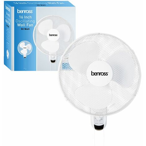 Benross 16" Wall Fan with 3 Speeds 90 degree oscillation max.50w power Quiet Uk 