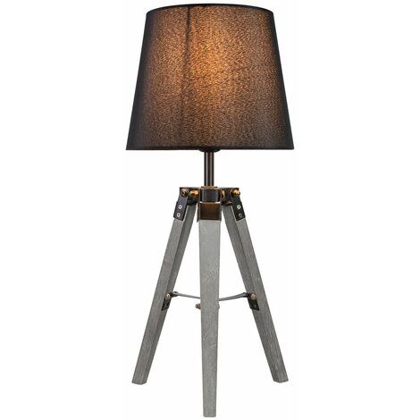 Anika 62919 Parlak Tripod Table Lamp with Switch Control / Easy to Install Bulb / Black Cotton Shade and Wooden Base / Mains Powered / 45 x 20cm
