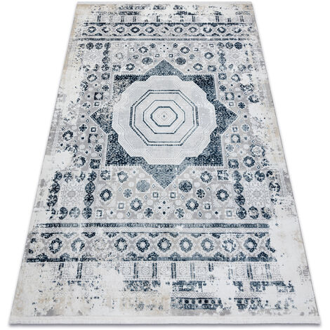 Tapis moderne DUKE 51542 crème / bleu - Rosette vintage, structuré, très doux, franges blue 140x190 cm (1/5)