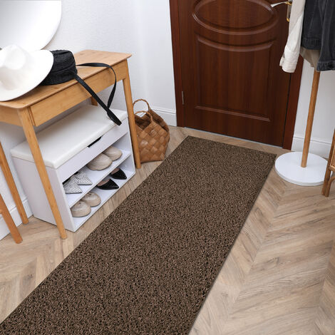 Tapis Couloir Moderne - 80x300cm - Marron - Polypropylène Oeko-Tex - Poil Ras 12mm - Facile D'entretien