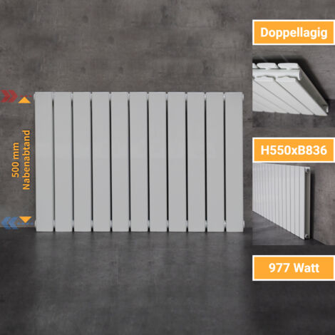 WITEN&NOCK Designheizkörper Austauschheizkörper mit seitlichen Anschlüssen NA 500 mm Flachheizkörper weiß 977 Watt Doppellagig 550x836 mm