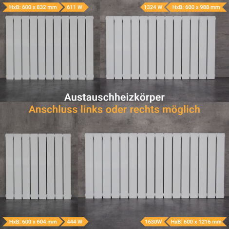 WITEN&NOCK Designheizkörper Bauhöhe 600 mm mit seitlichen Anschlüssen NA 550 mm Flachheizkörper weiß Doppellagig 1630 Watt Breite 1216 mm
