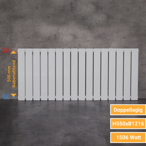 WITEN&NOCK Designheizkörper Austauschheizkörper mit seitlichen Anschlüssen NA 500 mm Flachheizkörper weiß 1506 Watt Doppellagig 550x1216 mm