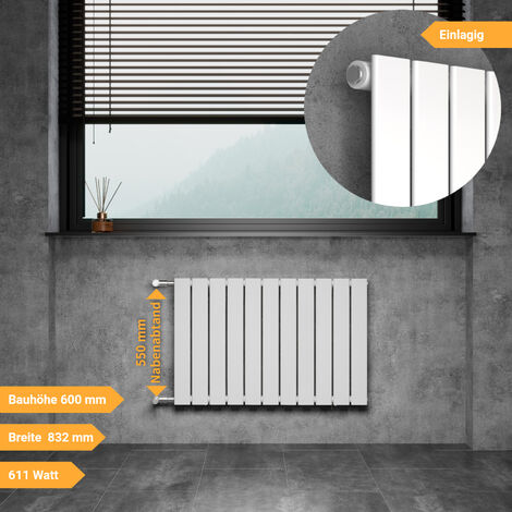 WITEN&NOCK Design Heizkörper Flachheizkörper Paneelheizkörper mit seitlichen Anschlüssen Nabenabstand 550mm weiß einlagig 600x832mm 611Watt