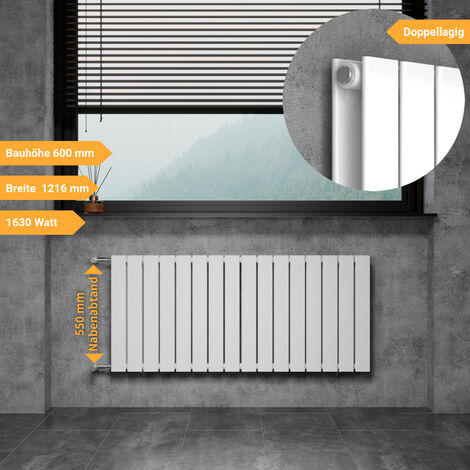 WITEN&NOCK Design Heizkörper Flachheizkörper Paneelheizkörper mit seitlichen Anschlüssen Nabenabstand 550mm weiß doppellagig 600x1216mm 1630Watt