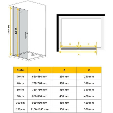 Walk In Duschwand Drehfalttür Faltbare Duschtür Trennwand ESG Glas Nano BxH 120 x 195 cm